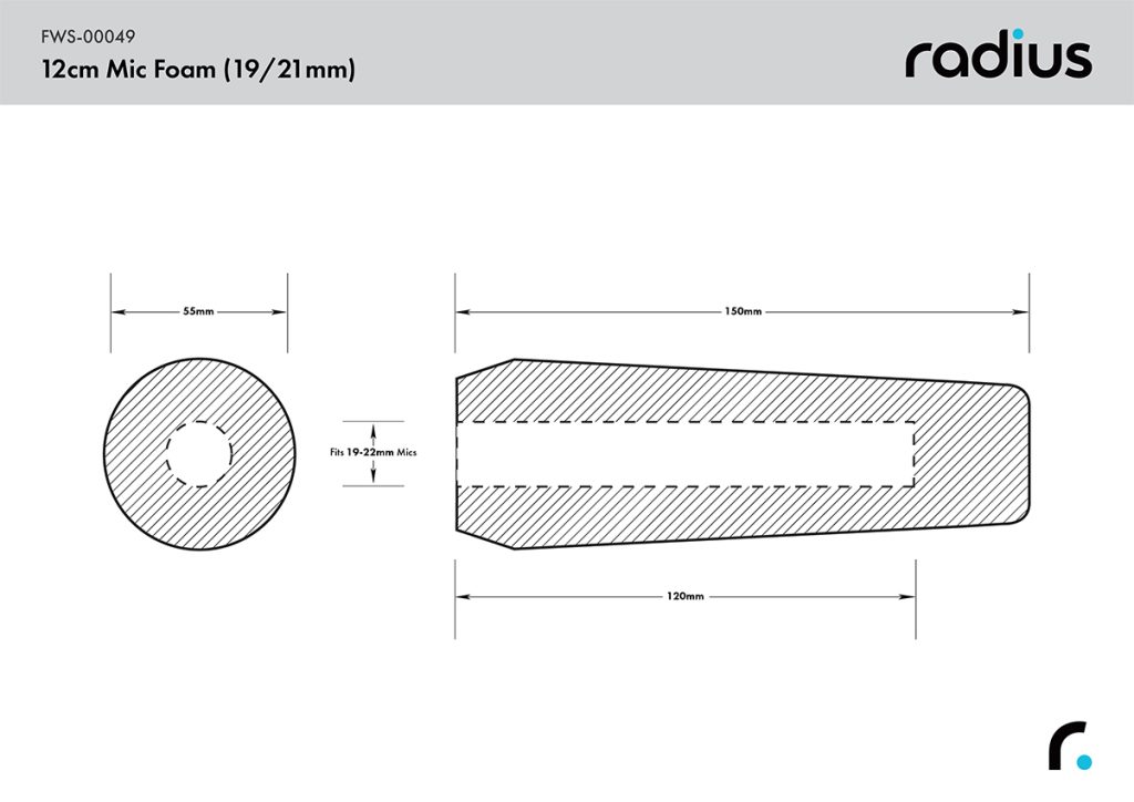 Technical dimensions diagram for 12cm shotgun microphone foam windshield