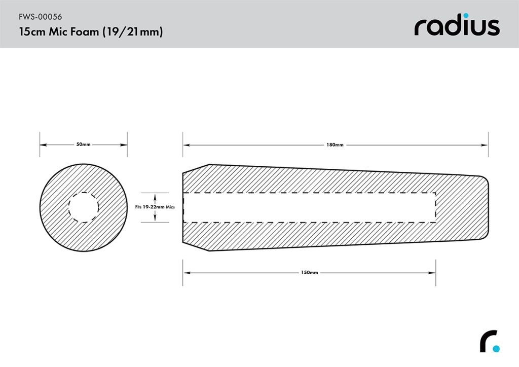 Technical dimensions diagram for 15cm shotgun microphone foam windshield specifications