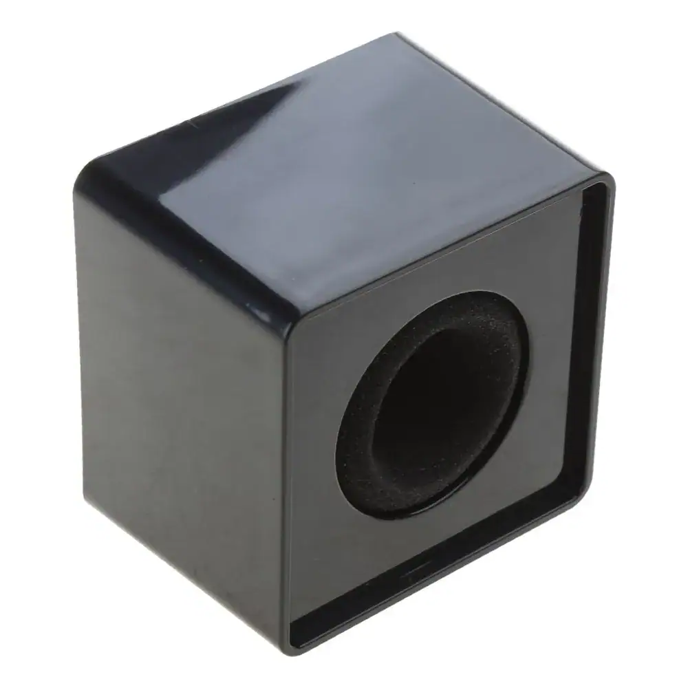 Single blank black square plastic microphone flag (mic cube) shown on a white background, with a black foam insert and a circular center hole for gripping a handheld microphone.