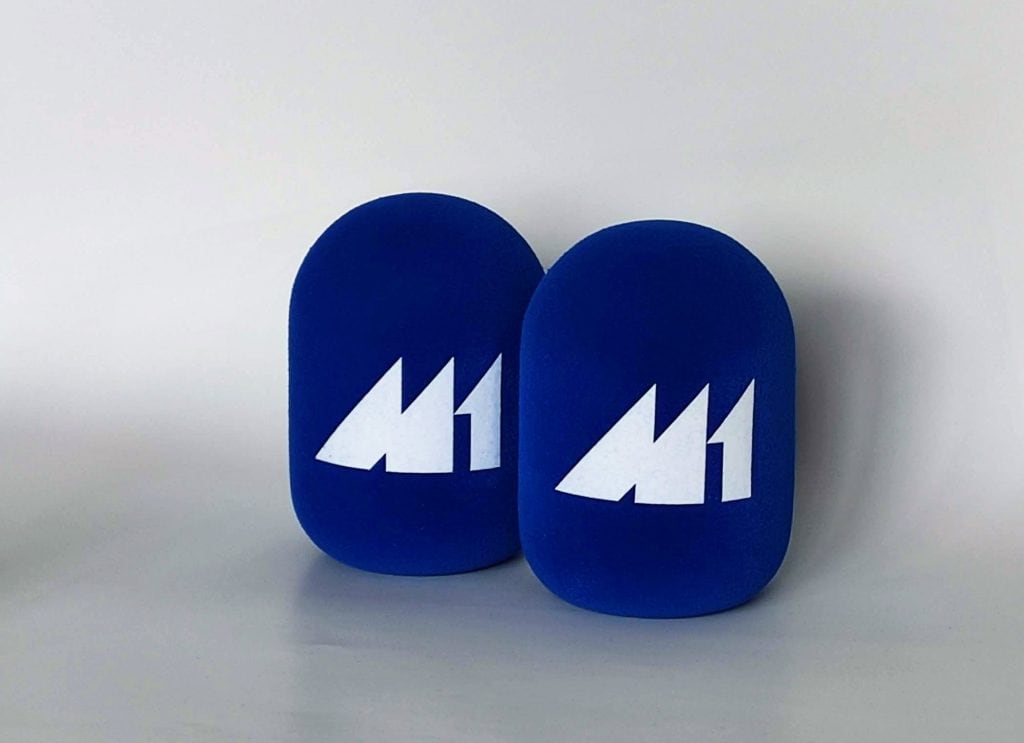 M-1 Lithuanian radio branded handheld microphone windshields with blue triangular foam and white logo