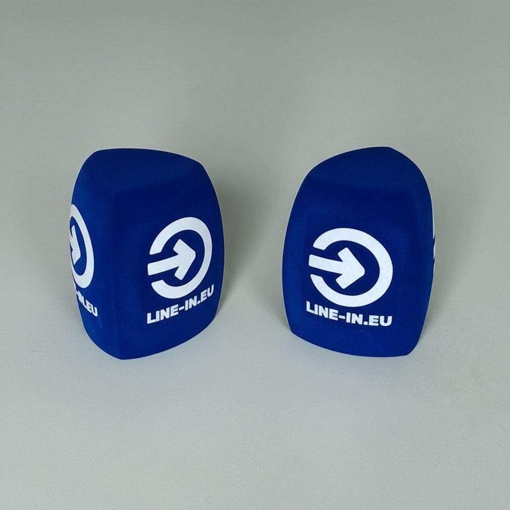 Branded standard handheld windshield with LINE-IN.EU logo, blue foam, 2 pieces