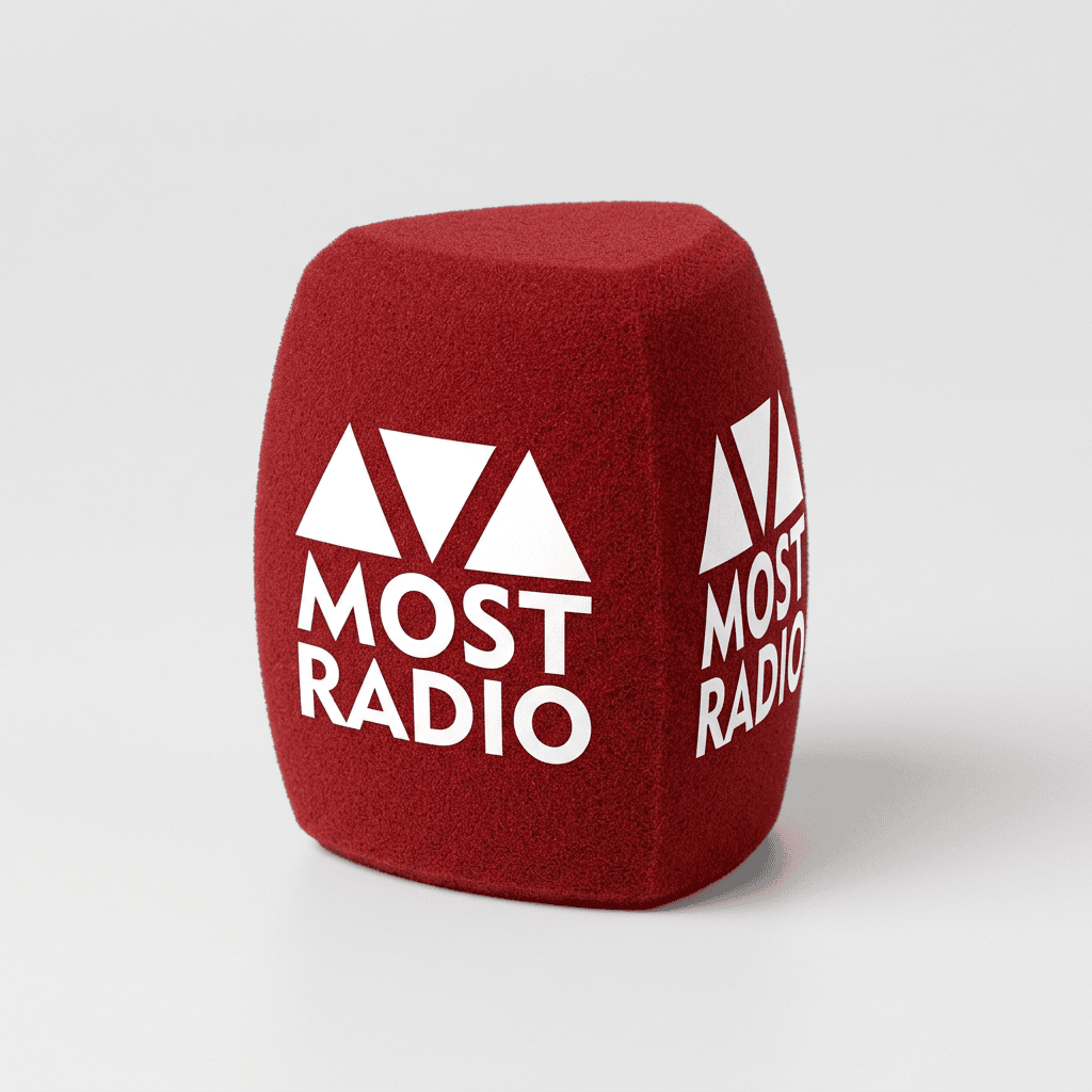 Branded budget handheld windshield with MOST RADIO logo, red foam mic cover