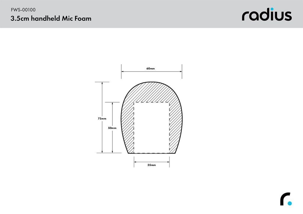 Technical dimensions diagram showing 3.5cm foam windshield measurements and 50mm opening specifications