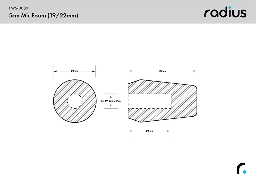Technical dimensions diagram showing 5cm foam windshield measurements for 19-22mm microphones