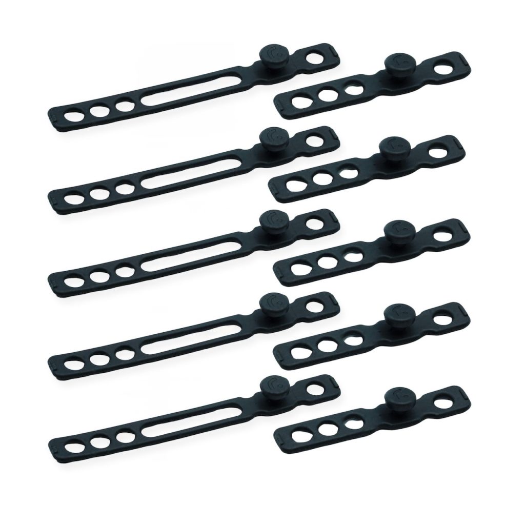Complete set of ten black cable straps arranged for display