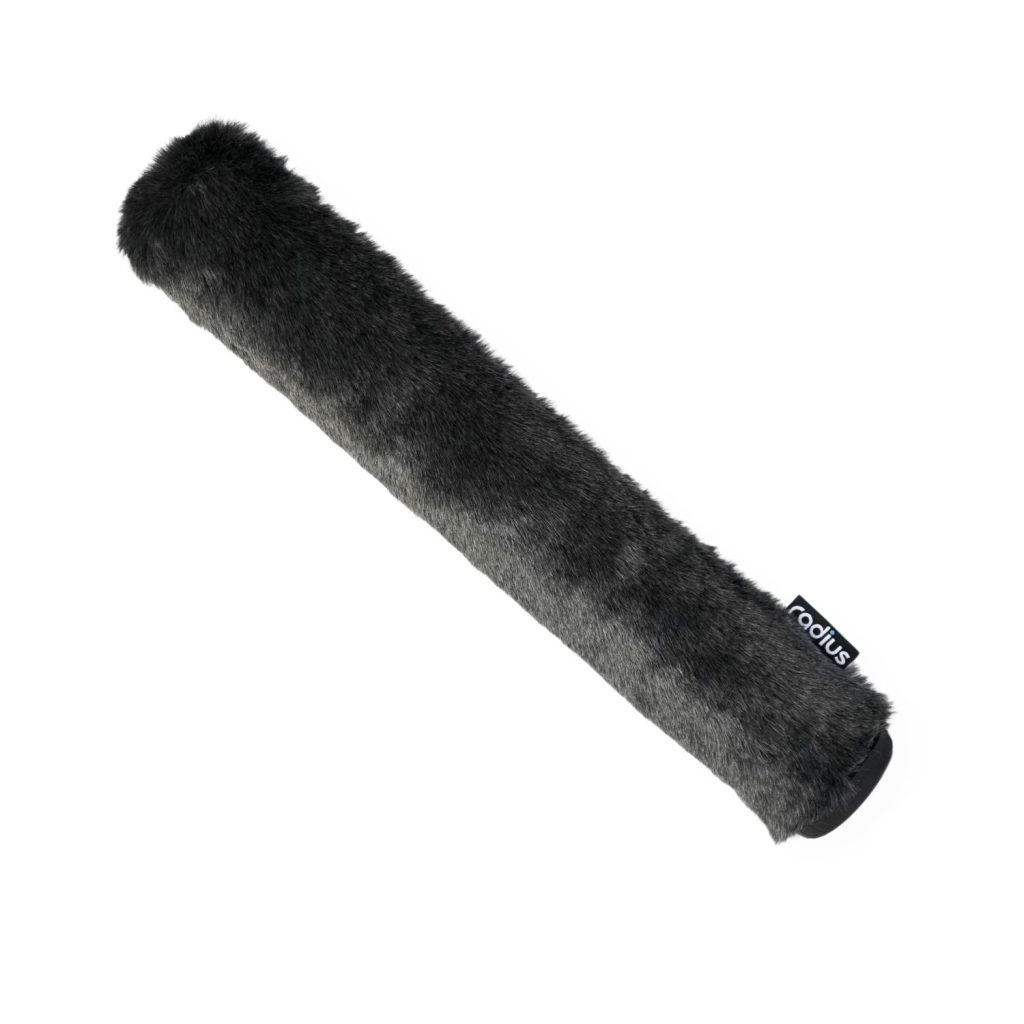 Grey synthetic fur windshield for Audio-Technica BP28L shotgun microphone with pepper pot end cap design