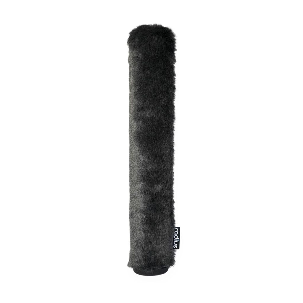 Professional windshield showing slip-on design and acoustic fur construction for broadcast microphone