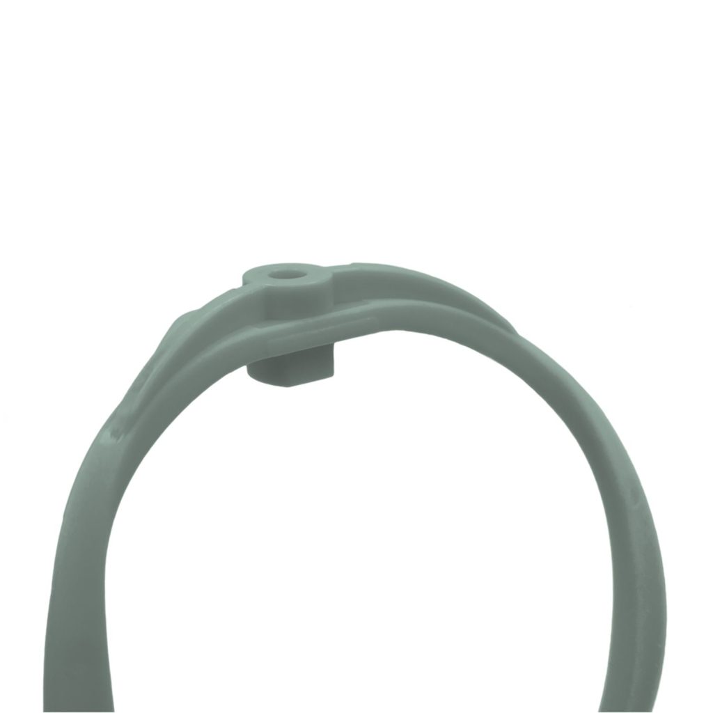 Close-up view of 55 Shore dark green isolation hoops with mounting hardware