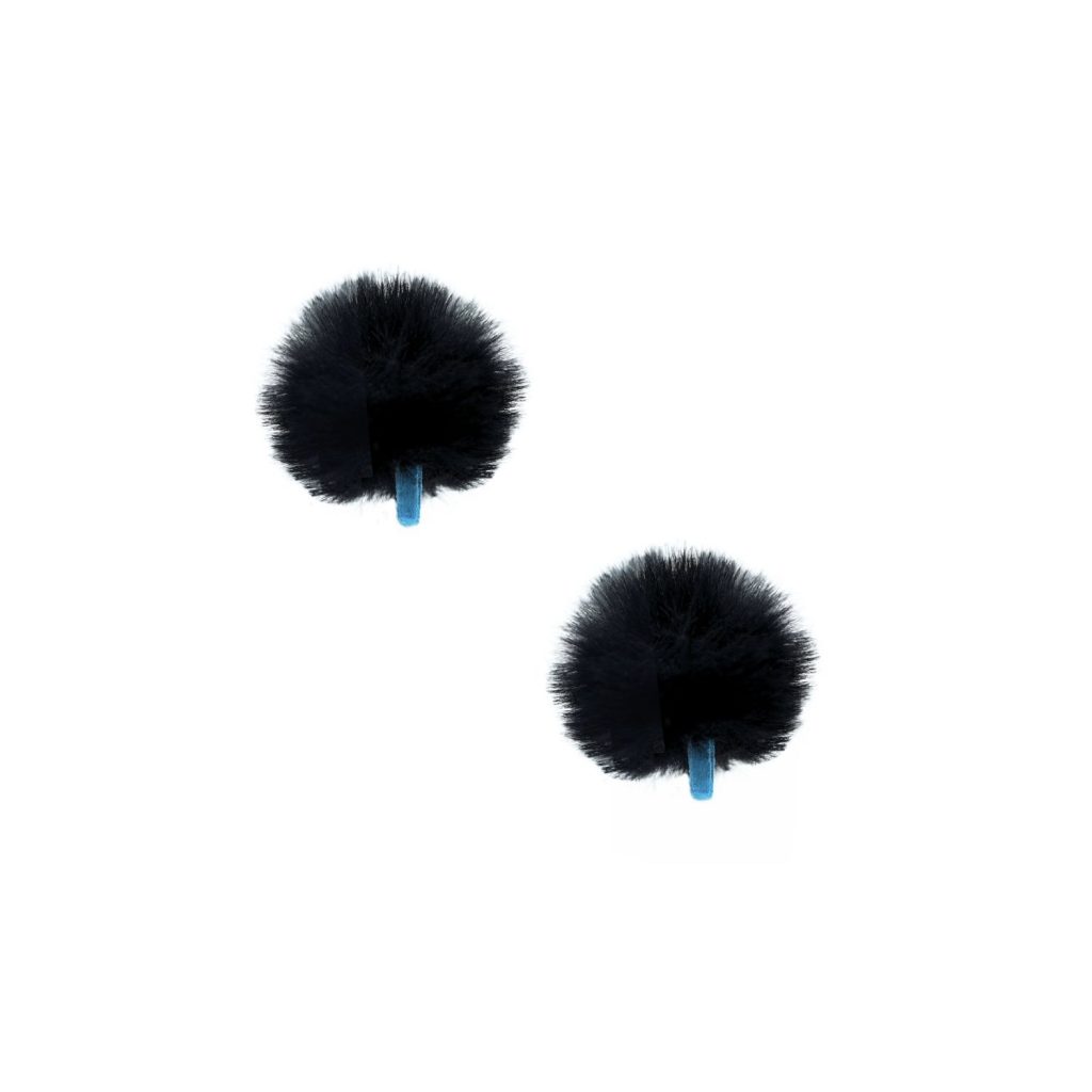 Pair of black foam core windshields for lavalier microphones with blue safety straps