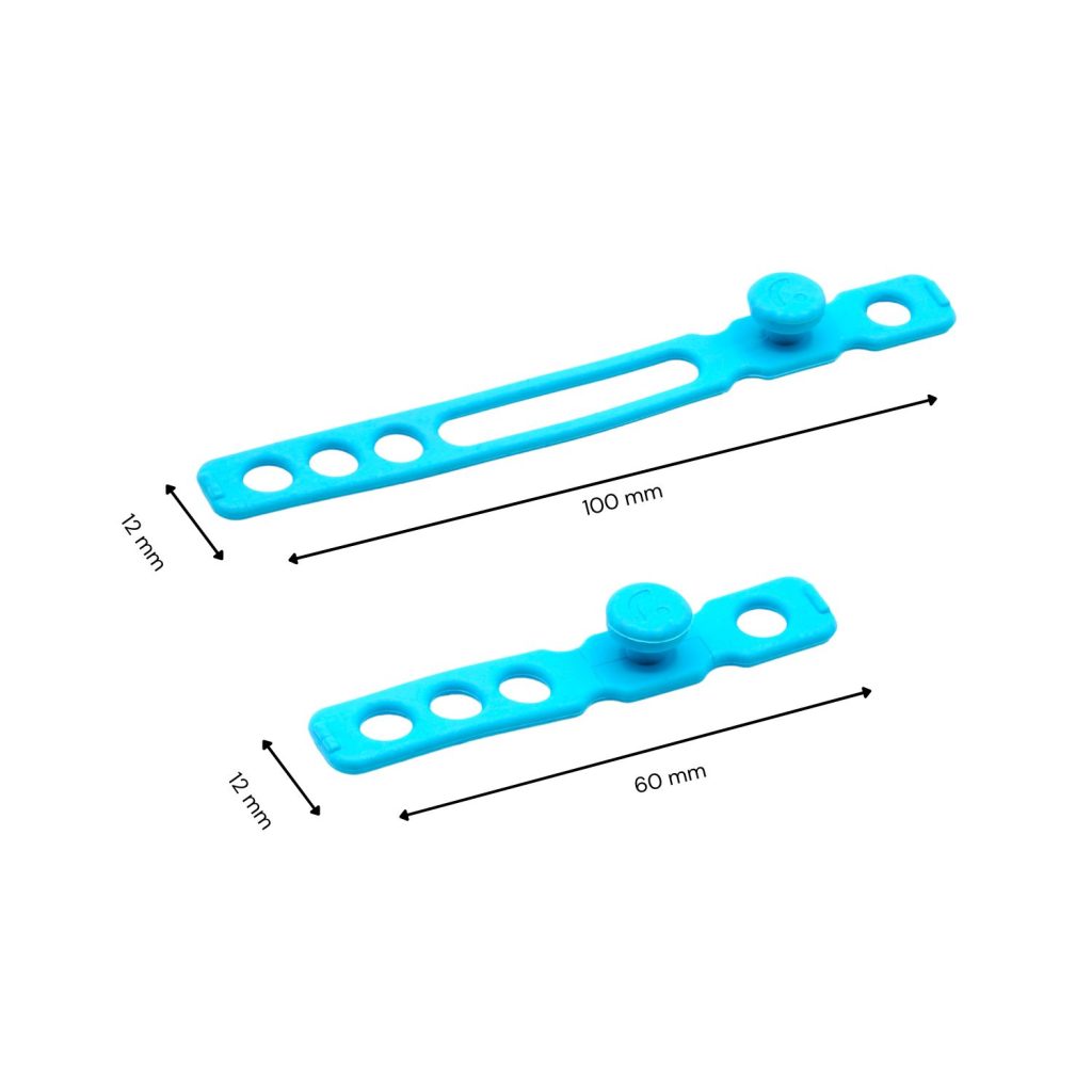 Measurement diagram showing dimensions of light blue RAD cable straps with ruler reference