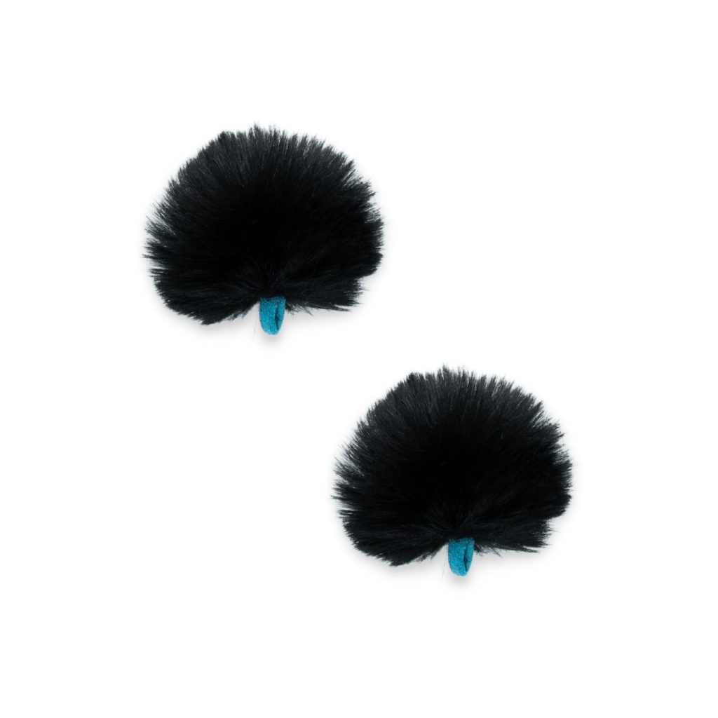 Black synthetic fur windshield pair with blue safety straps for large diameter lavalier microphones