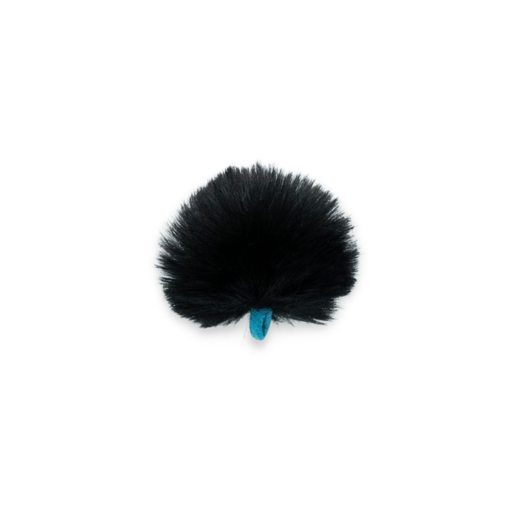 Black synthetic fur windshield with blue safety strap for large hole lavalier microphones