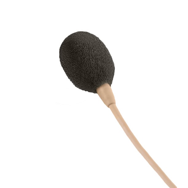 Five black lavalier microphone foam windshields arranged on white surface