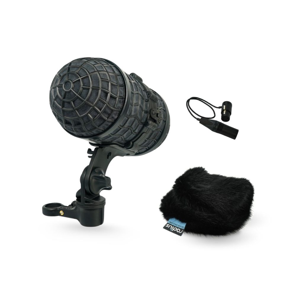 Mini-ALTO 115 windshield kit with RAD-2 shock mount and XLR cable on white background