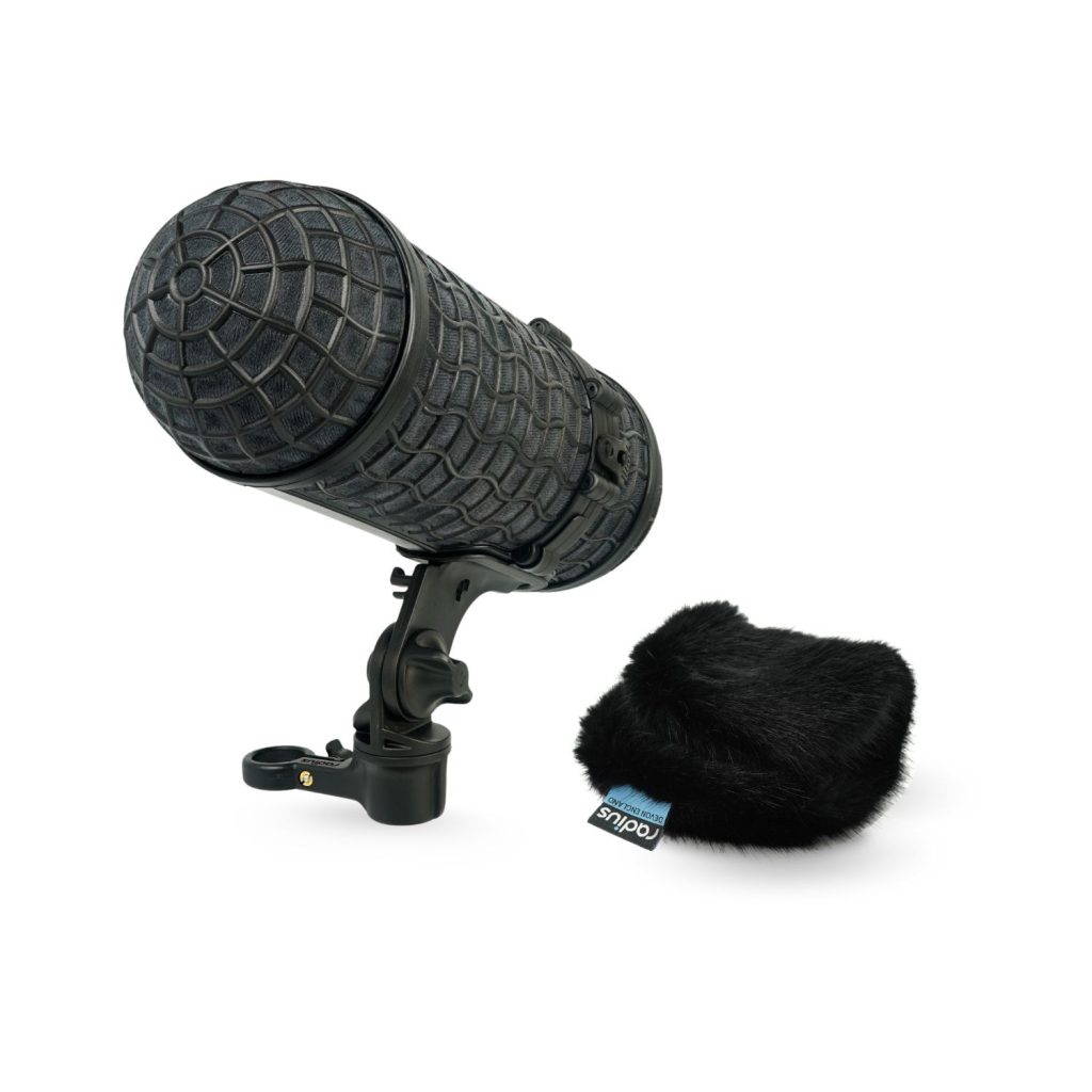 Mini-ALTO 180 windshield kit with RAD-2 shock mount and black fur cover on white background