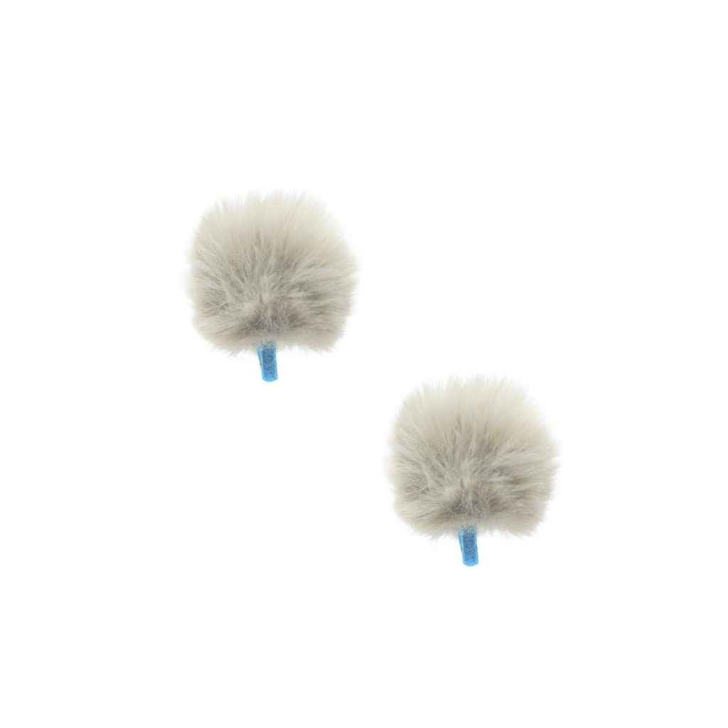 Pair of white mini synthetic fur windshields for lavalier microphones with blue safety straps