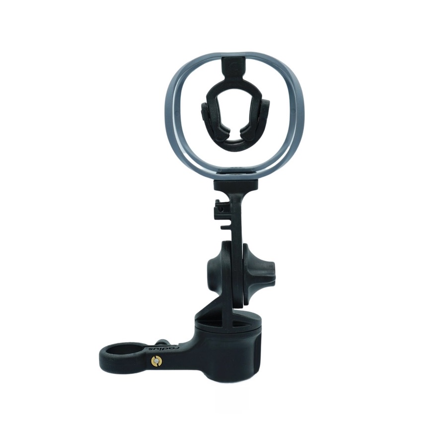 Shock mount with grey soft firmness hoops installed, front perspective showing clip arrangement