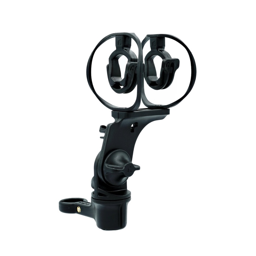 Complete MKH50 shock mount assembly with black hoops and square body microphone clips