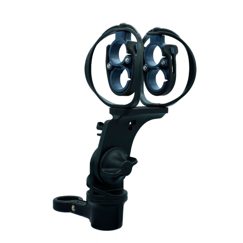 Close-up view of MS19 mic clip vertical adjustment mechanism and safety strap