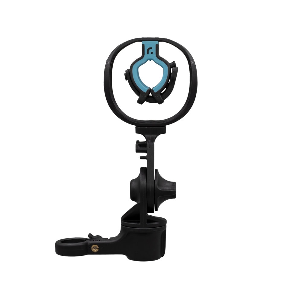 Close-up view of RAD-1 shock mount universal microphone clips and rotatable XLR holder