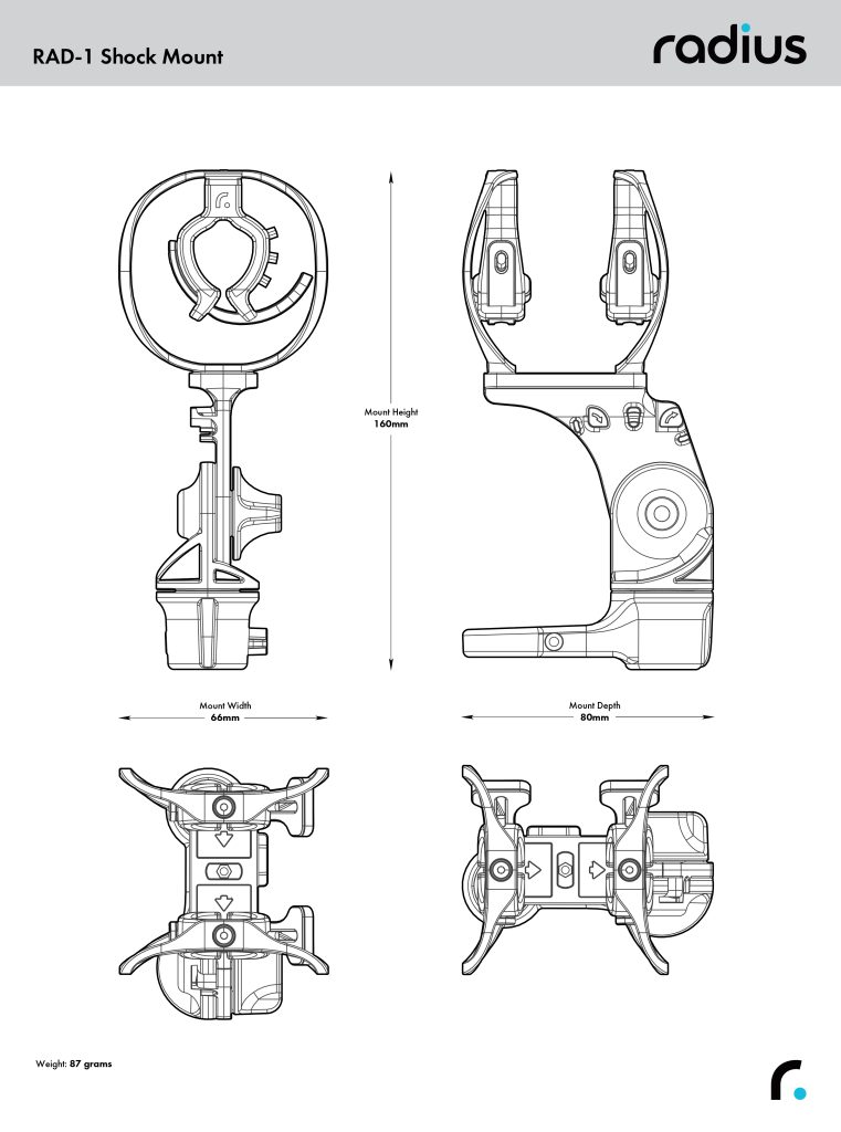 Technical dimensional drawing of RAD-1 shock mount with measurements and specifications