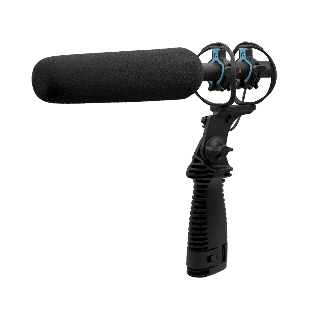 RAD-3 shock mount showing pistol grip design and microphone mounting system