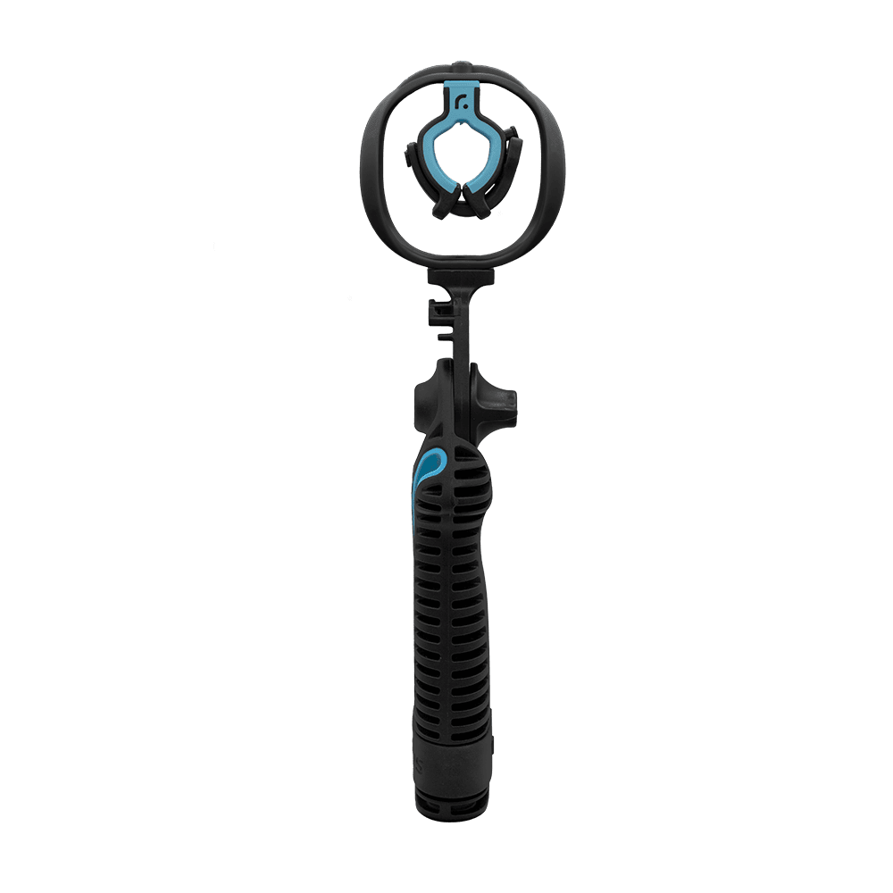 RAD-3 shock mount demonstrating pistol grip ergonomics for handheld use