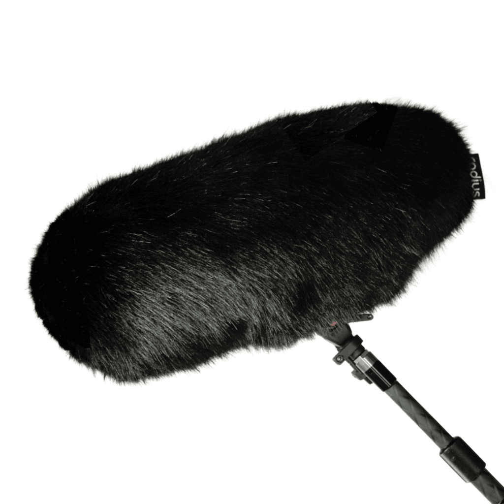Black synthetic fur windcover for Rycote Cyclone medium windshield with drawstring closure