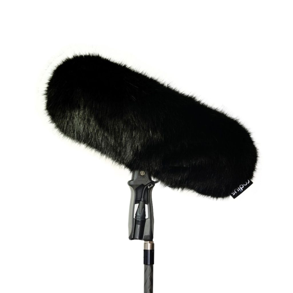 Close-up view of multi-pile synthetic acoustic fur windcover construction and internal lining