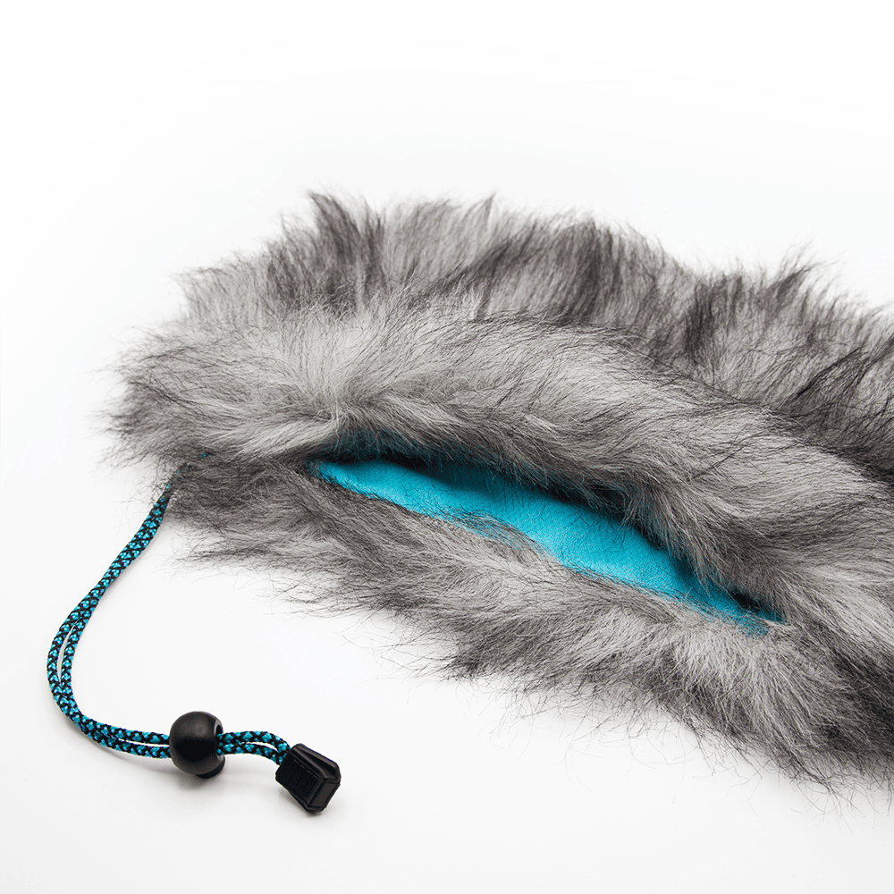 Grey synthetic fur windcover for Rycote WS8 windshield with drawstring closure
