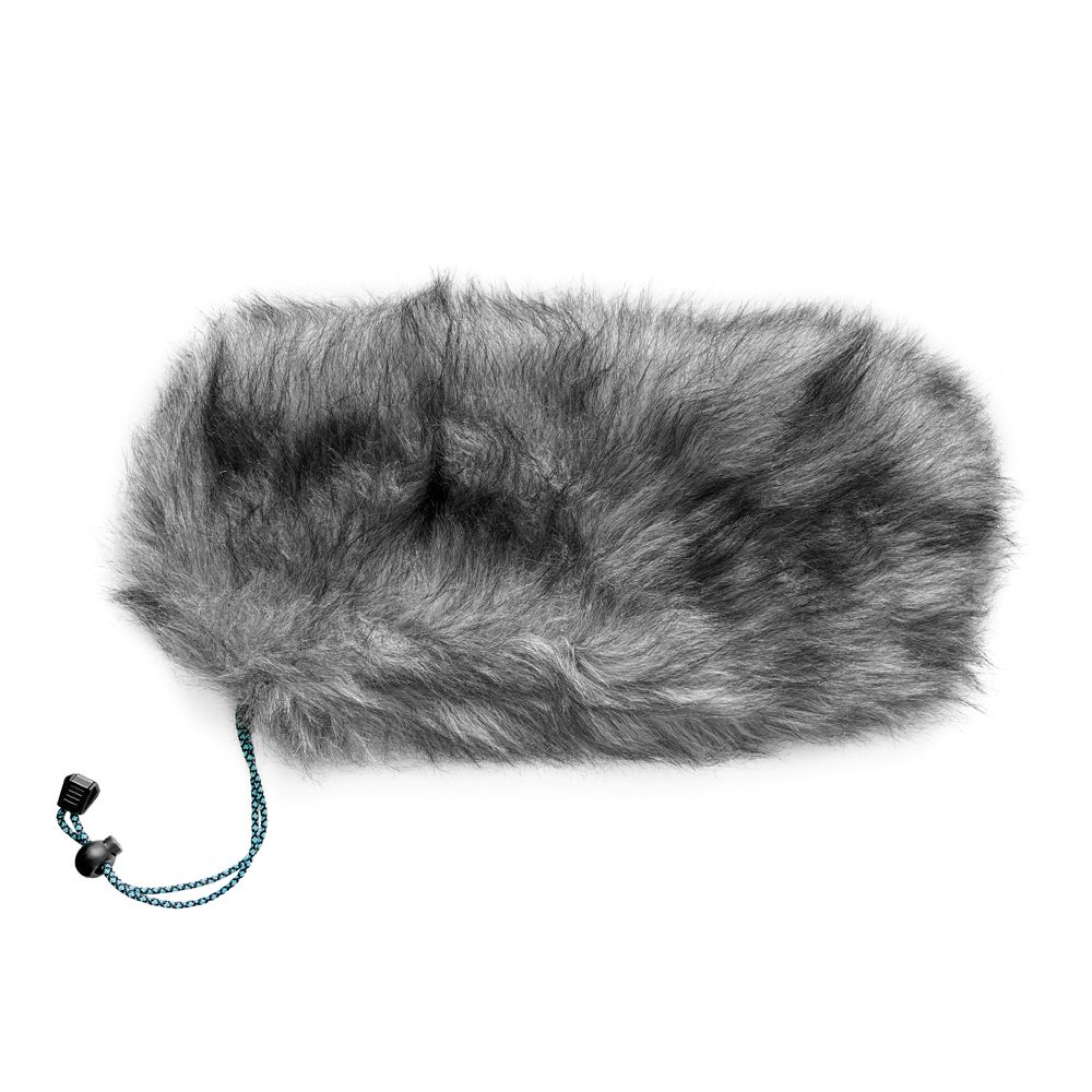 Grey synthetic fur windcover for Rycote WS9 windshield showing long-pile acoustic fur construction
