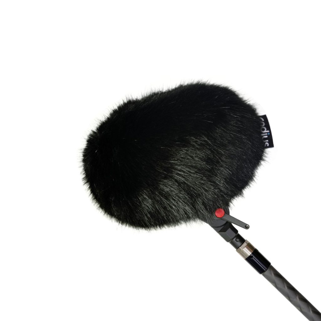 Black synthetic fur windcover for Rycote WS9 windshield system with drawstring closure