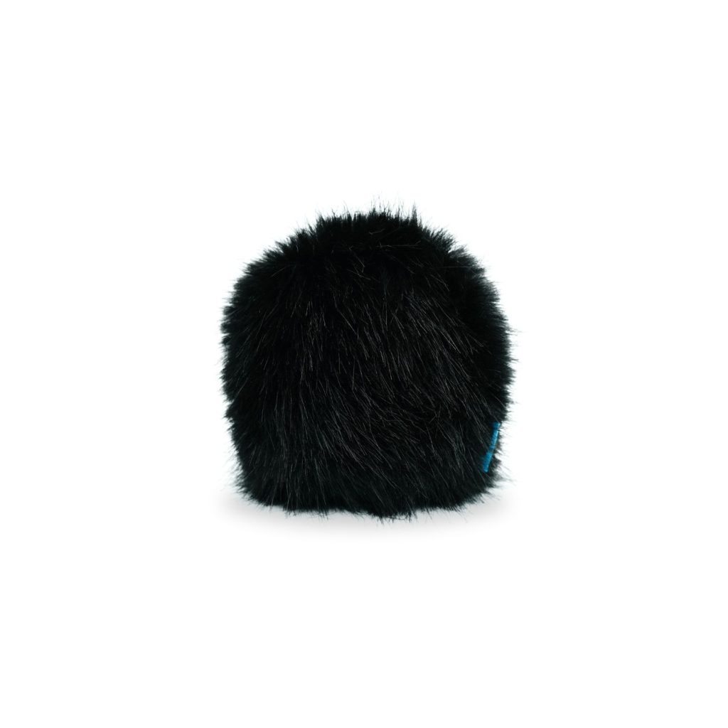 Black synthetic fur windcover fitted on RODE VideoMic GO II microphone