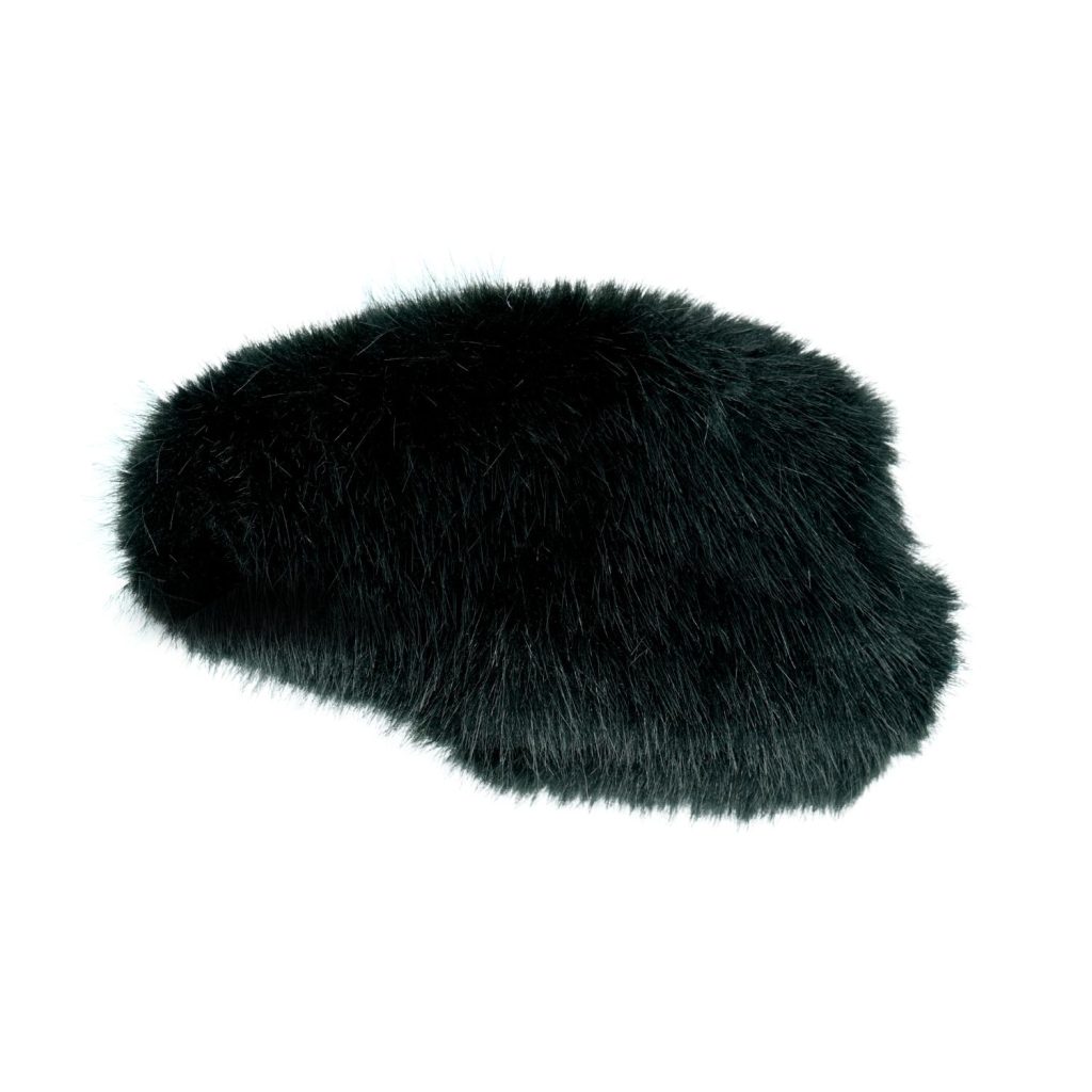 RODE VideoMic Pro+ microphone with black synthetic fur mini windcover installed