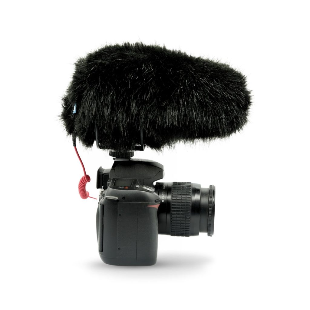 Black synthetic fur windcover for RODE VideoMic Pro+ microphone showing construction detail