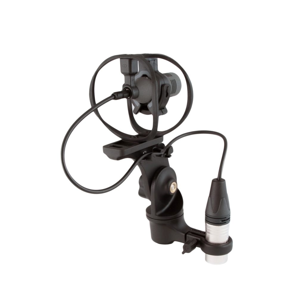 Close-up view of RAD-1 shock mount hoops and microphone clips in matte black finish