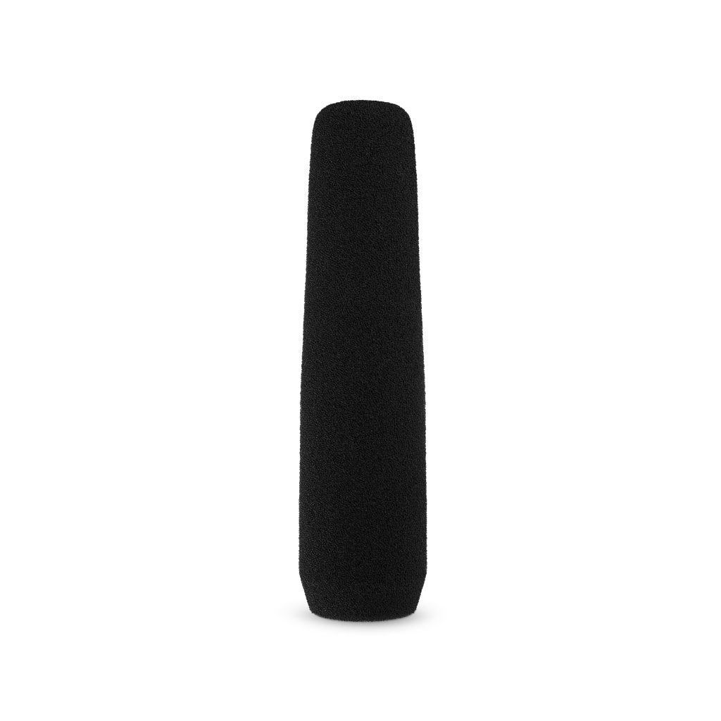 Professional foam windshield mounted on Sennheiser MKH60 microphone demonstrating proper fit