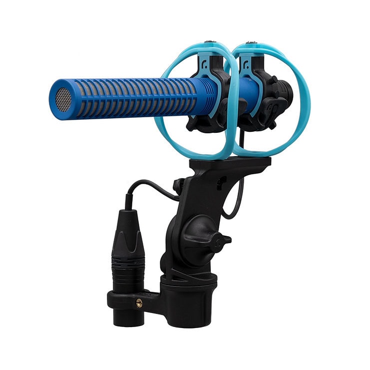 Professional shotgun microphone shock mount showing hoop configuration and XLR connection