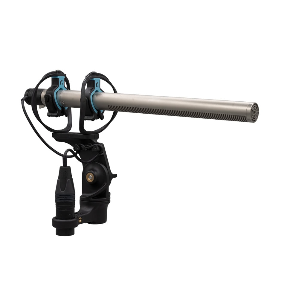 RAD-2 shock mount with shotgun microphone installed showing proper positioning