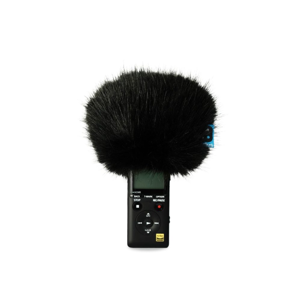 Black synthetic fur windcover designed for Sony PCM-A10 portable audio recorder