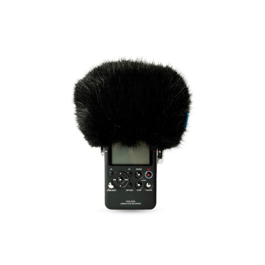 Close-up view of Sony PCM-D100 windcover showing foam lining and elastic base attachment