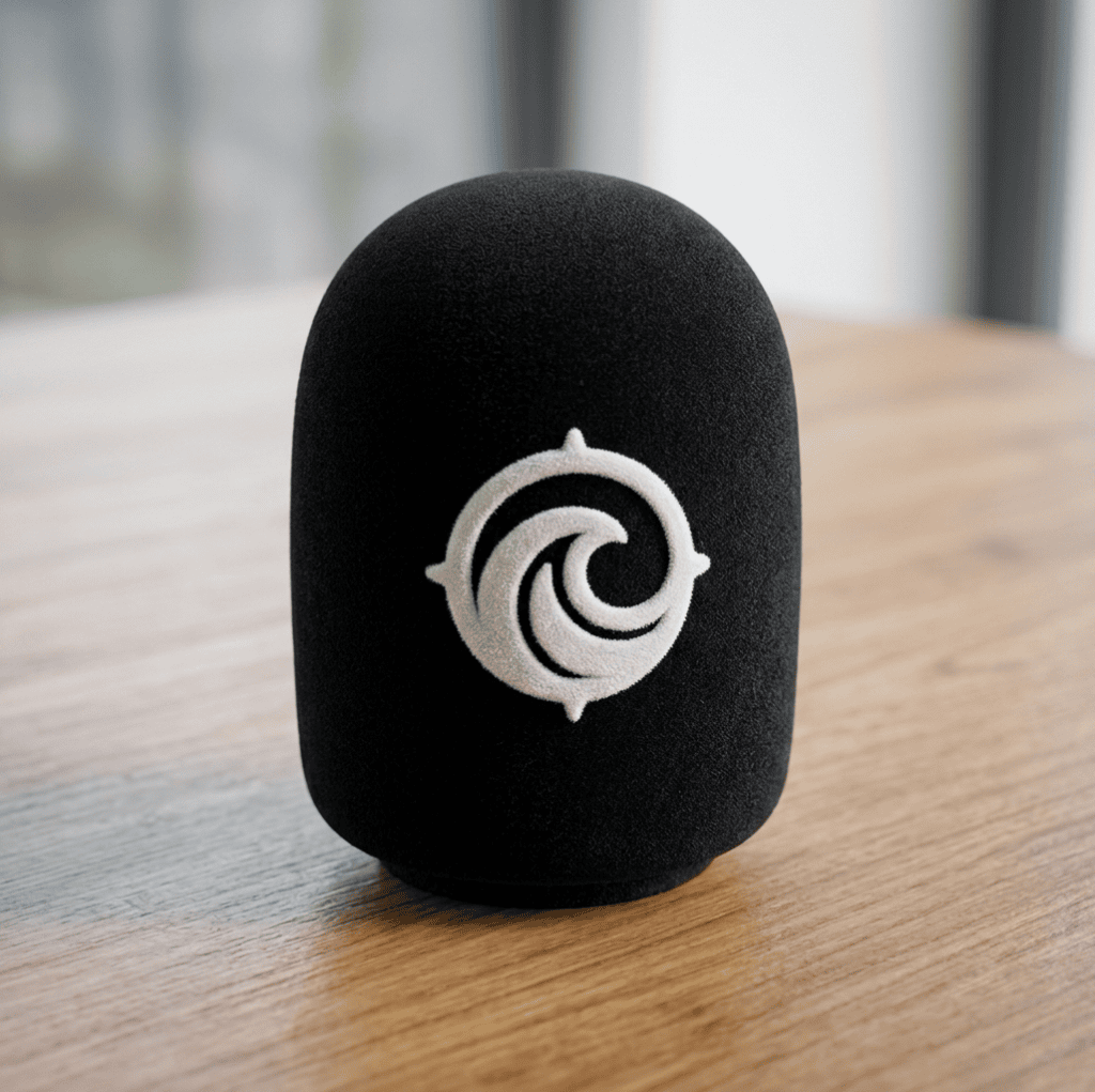 Black Standard line branded foam windscreen for Rode Wireless GO with white spiral logo on a wooden table