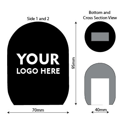 Technical diagram showing dimensions, cross-section view, and rectangular internal cavity of the Standard line foam windscreen for Rode Wireless GO