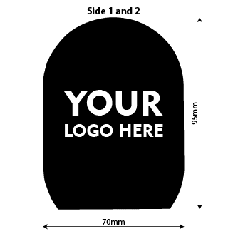 Dimensions and dual-sided logo placement guide for Standard line branded foam windscreen for Rode Wireless GO microphone