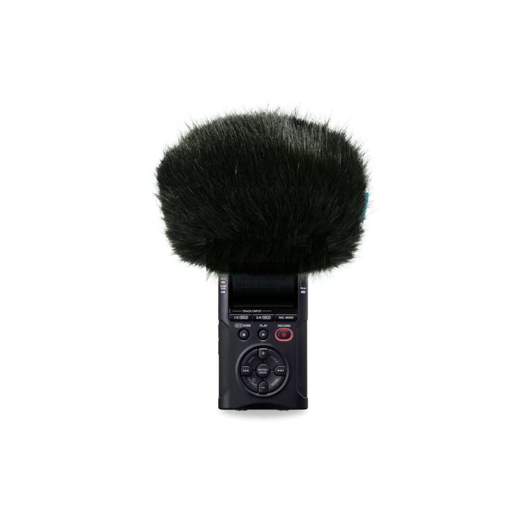 Close-up view of foam-lined mini windcover fitted on Tascam DR-40X recorder