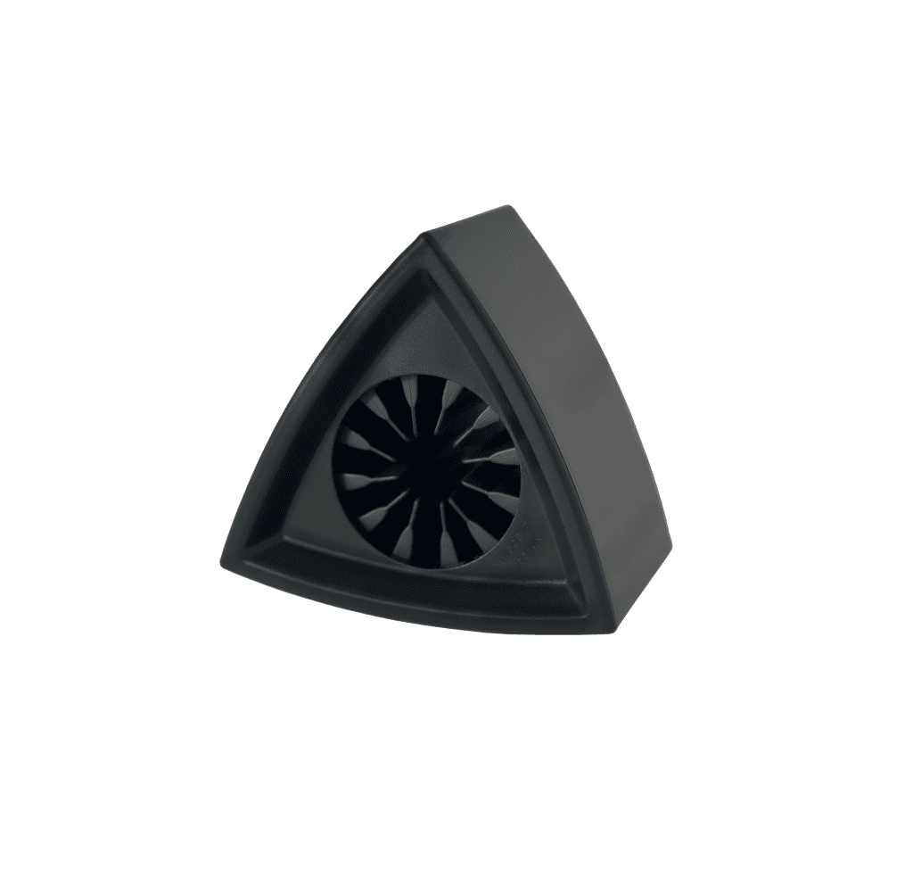 Black triangle mic flag showing three-sided design with convex surfaces