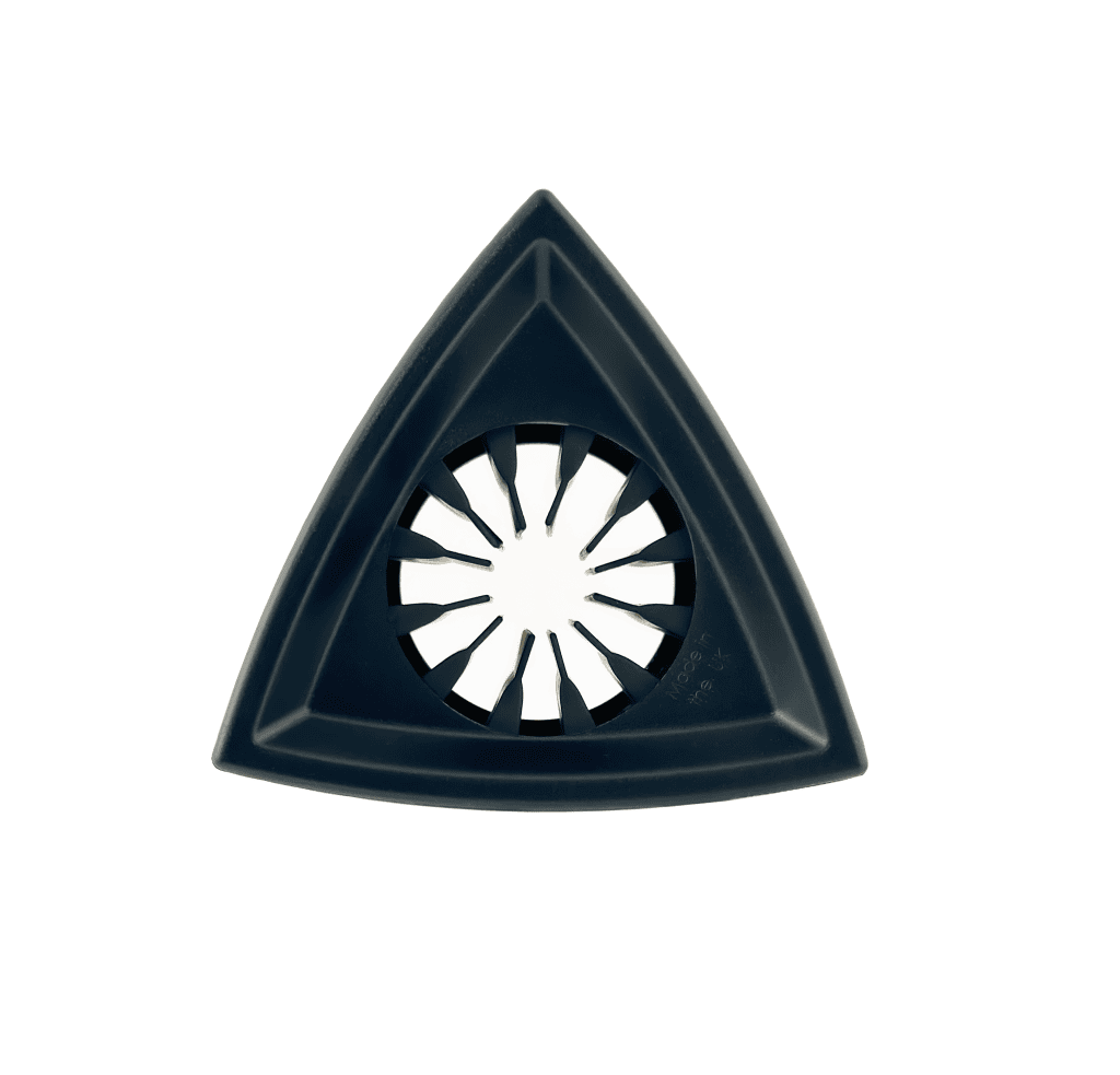 Black triangle mic flag mounted on handheld interview microphone