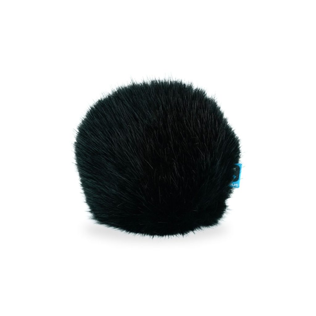Black synthetic fur windcover fitted on Zoom H3-VR recorder showing microphone protection