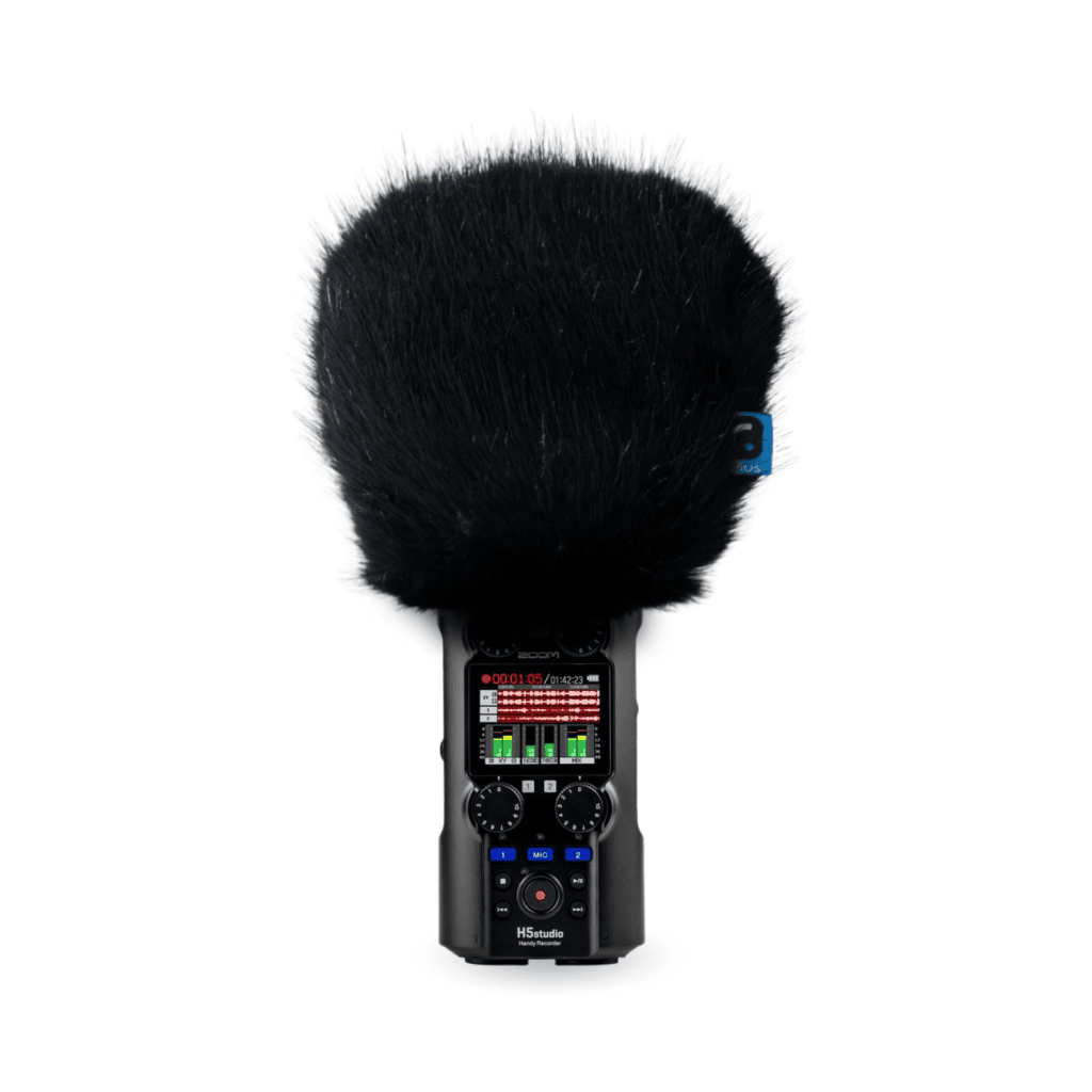 Zoom H5 Studio mini windcover with black synthetic fur covering recorder microphones