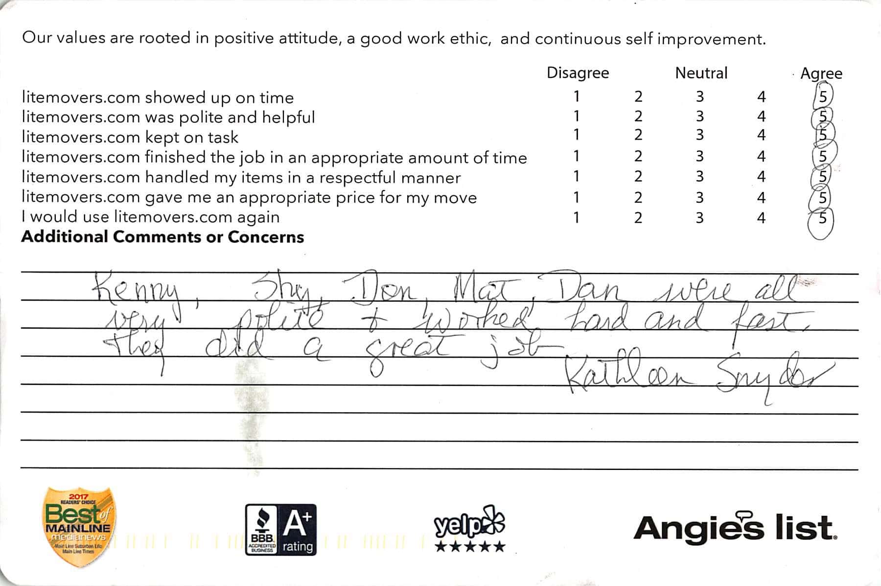 Kenny, Shy, Don, Matt, Dan were all very polite & worked hard and fast. They did a great job.